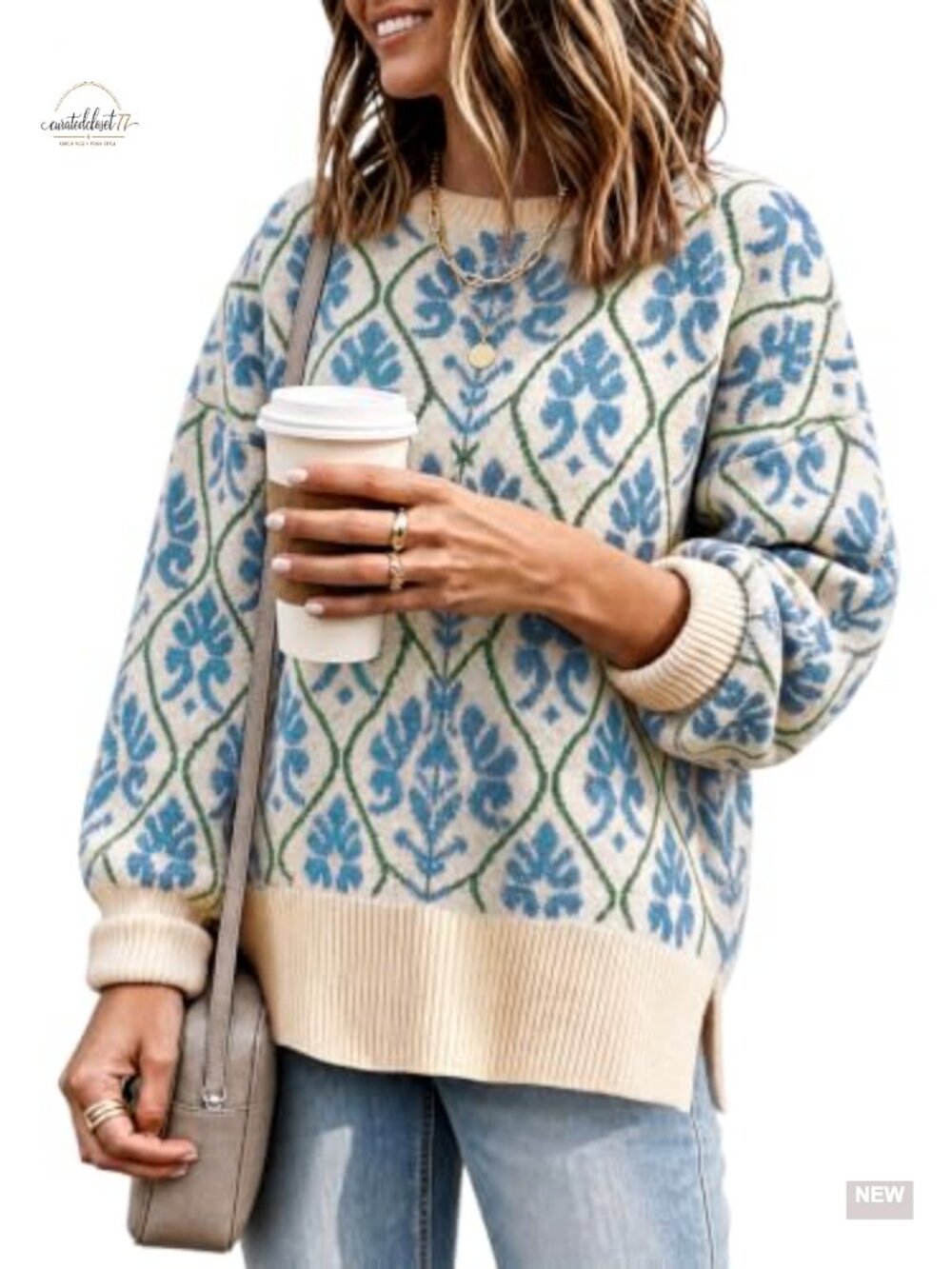 Women's Oversized Floral Sweater Chunky Knit Pullover Long Sleeve Crew Neck
